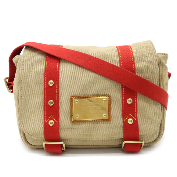 Louis Vuitton Red Beige Canvas Bag Shoulder PM Busas Antigua - Picture 1 of 8